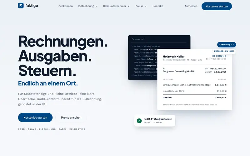 Startseite von faktigo.de mit einer Beispielrechnung im ZUGFeRD-Format